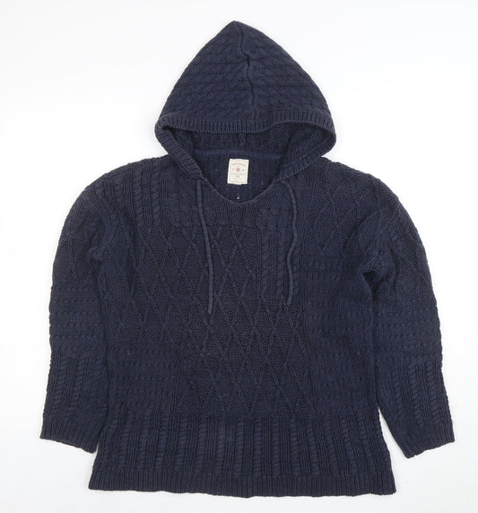 Fat Face Womens Blue Hooded Chunky Knit V-Neck Jumper Size 10