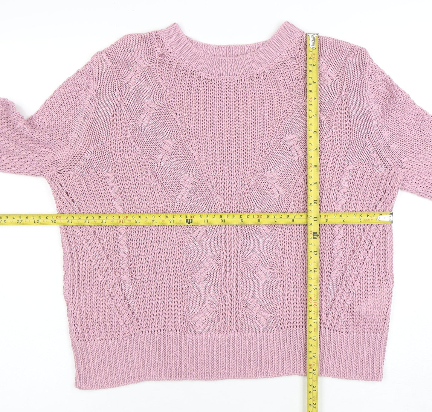 Jacqueline de Yong Women Pink Cable-Knit Jumper M Classic Crew Neck