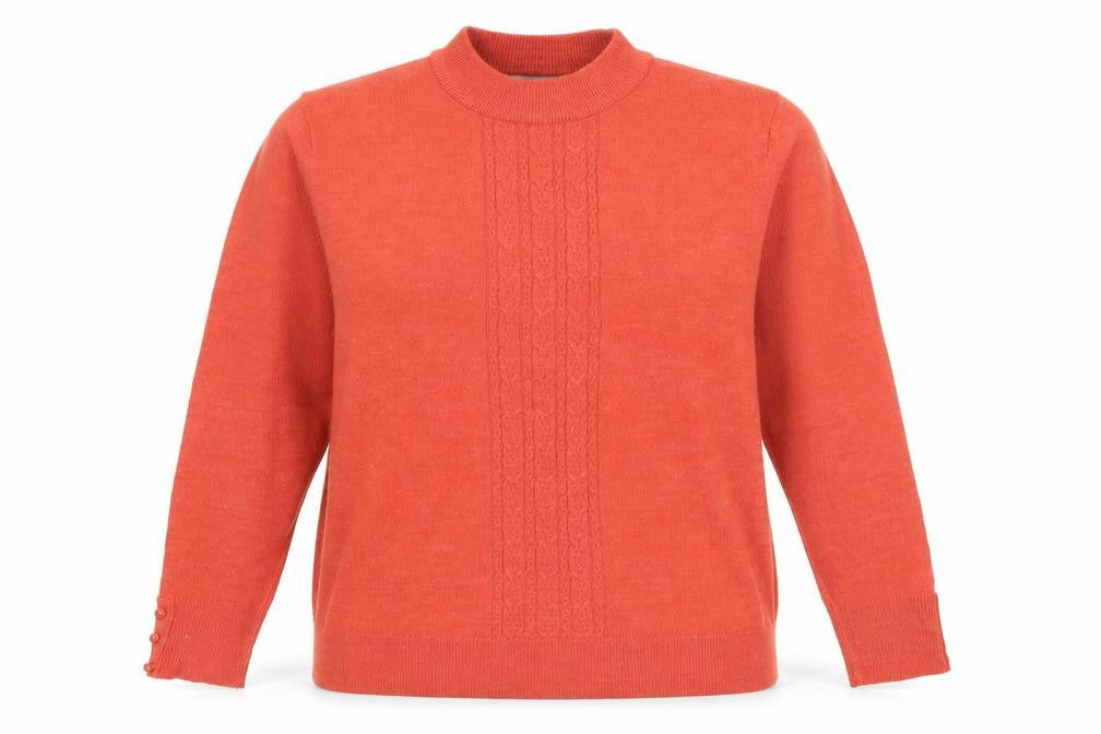 Front view of Honor Millburn Women's Orange Cable-Knit Mock Neck Jumper M