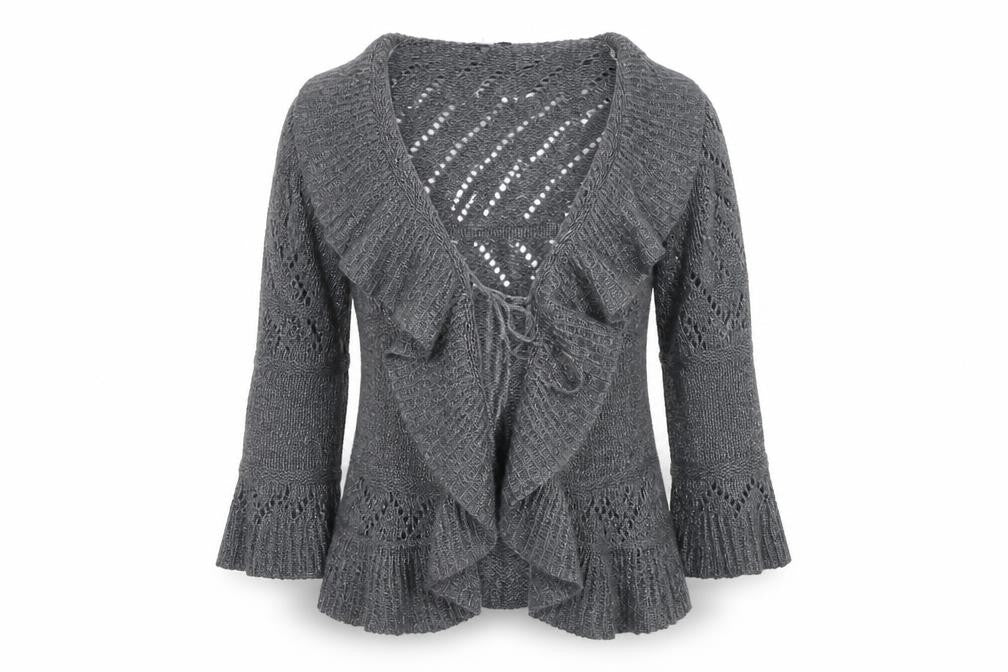 Lily Essentials Women’s Grey Ruffle Knit Open Cardigan Size 14