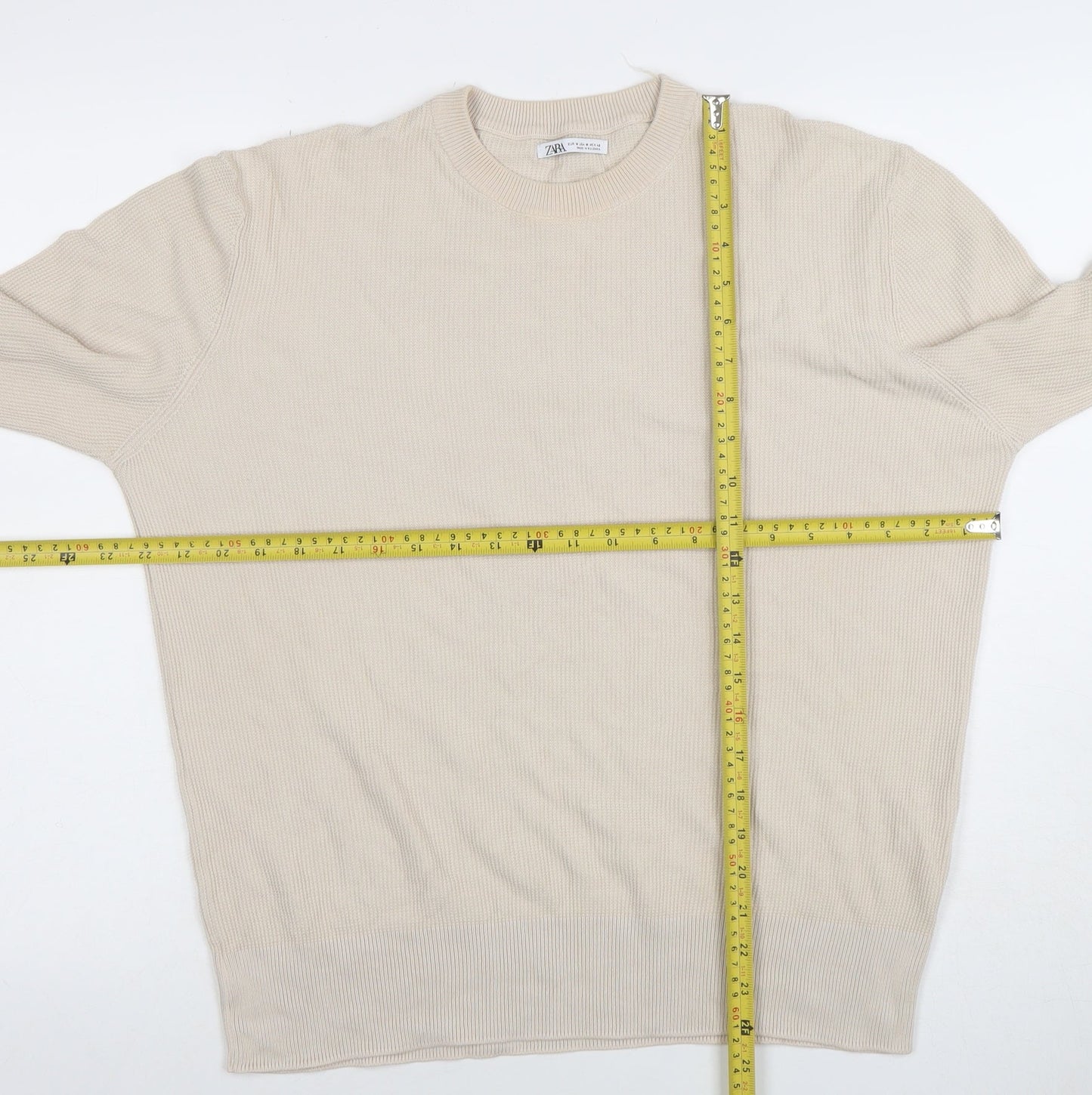 Zara Men's Beige Cotton Crew Neck Jumper Size M