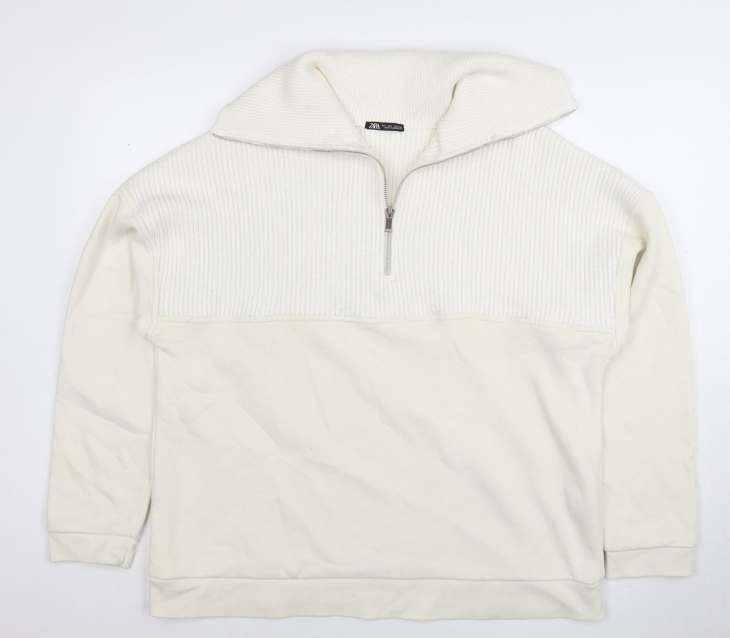 Zara Men Ivory Knit 1/2 Zip High Neck Sweatshirt Size L