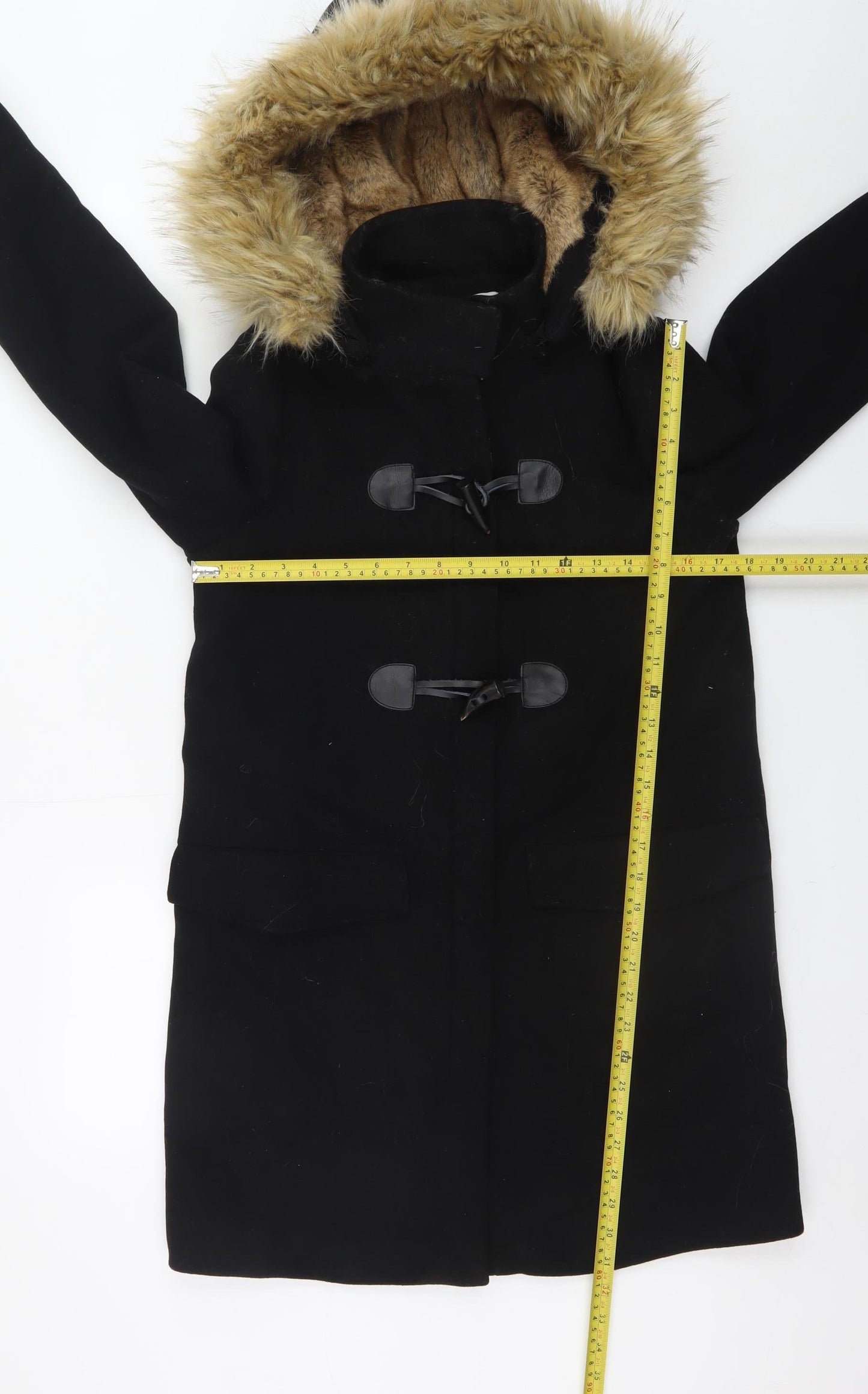 Zara Women’s Black Wool Blend Hooded Duffle Coat with Faux Fur Trim Size 8