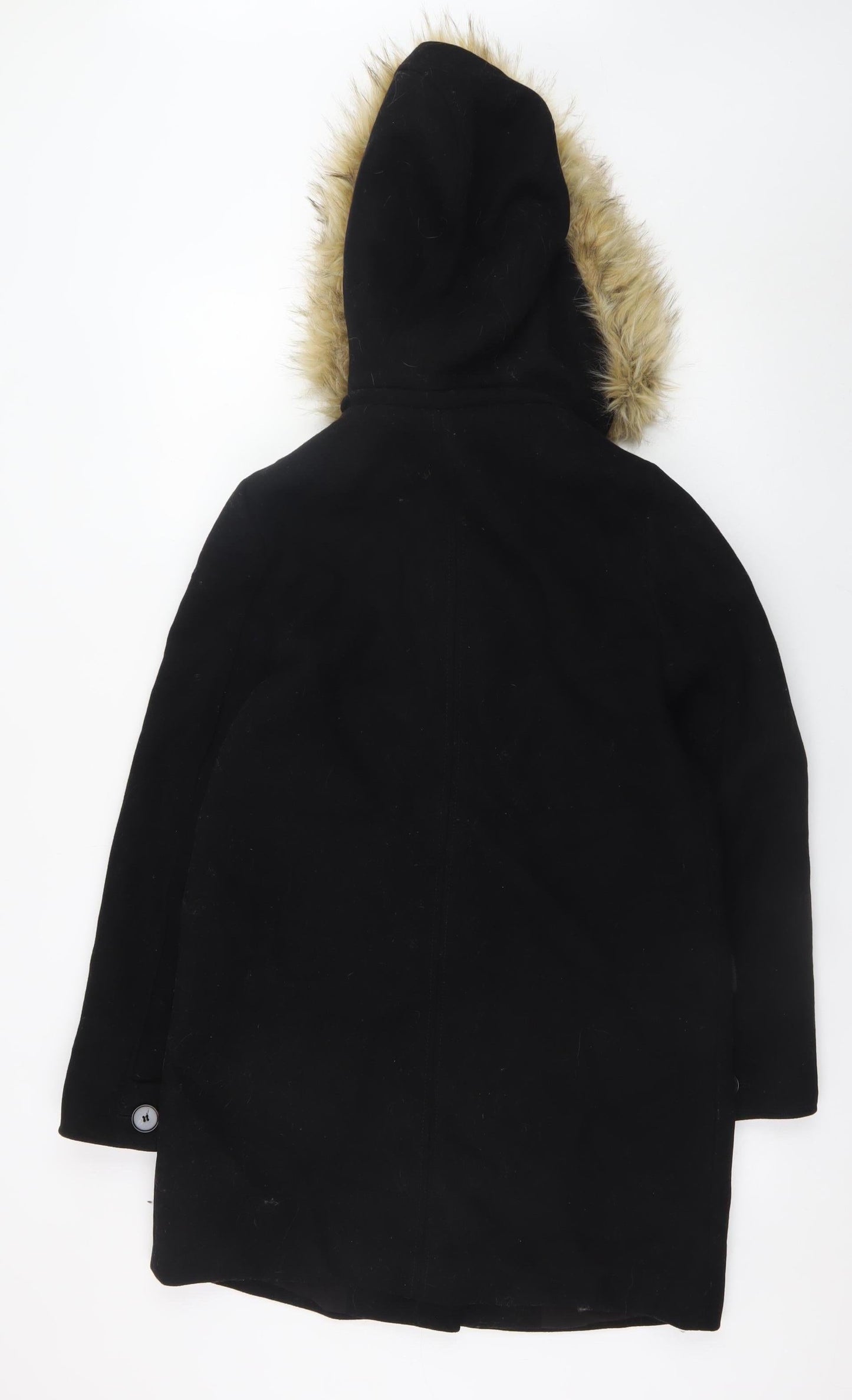 Zara Women’s Black Wool Blend Hooded Duffle Coat with Faux Fur Trim Size 8