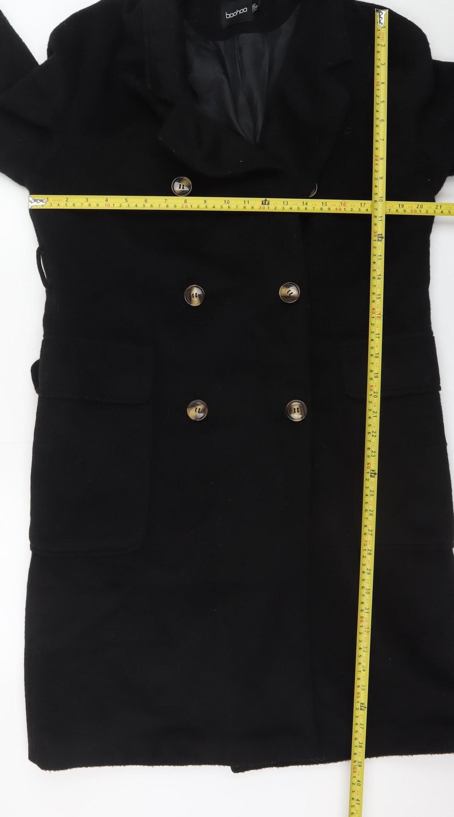 Boohoo Women's Black Long Pea Coat UK 10 Double Breasted Polyester