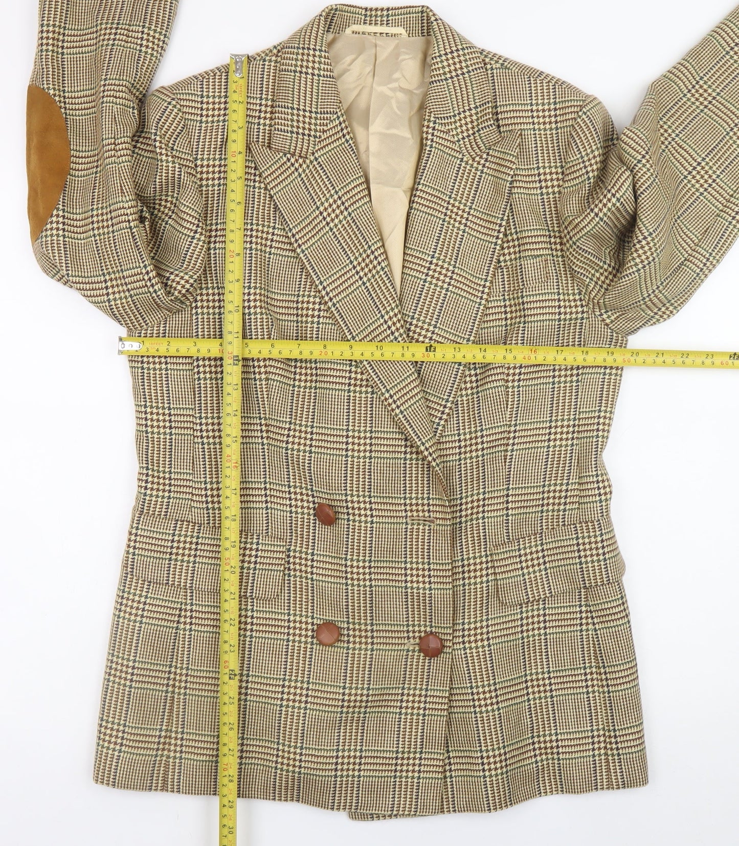 Betty Barclay Women's Beige Check Wool Blazer Jacket Size 42 Classic Fit