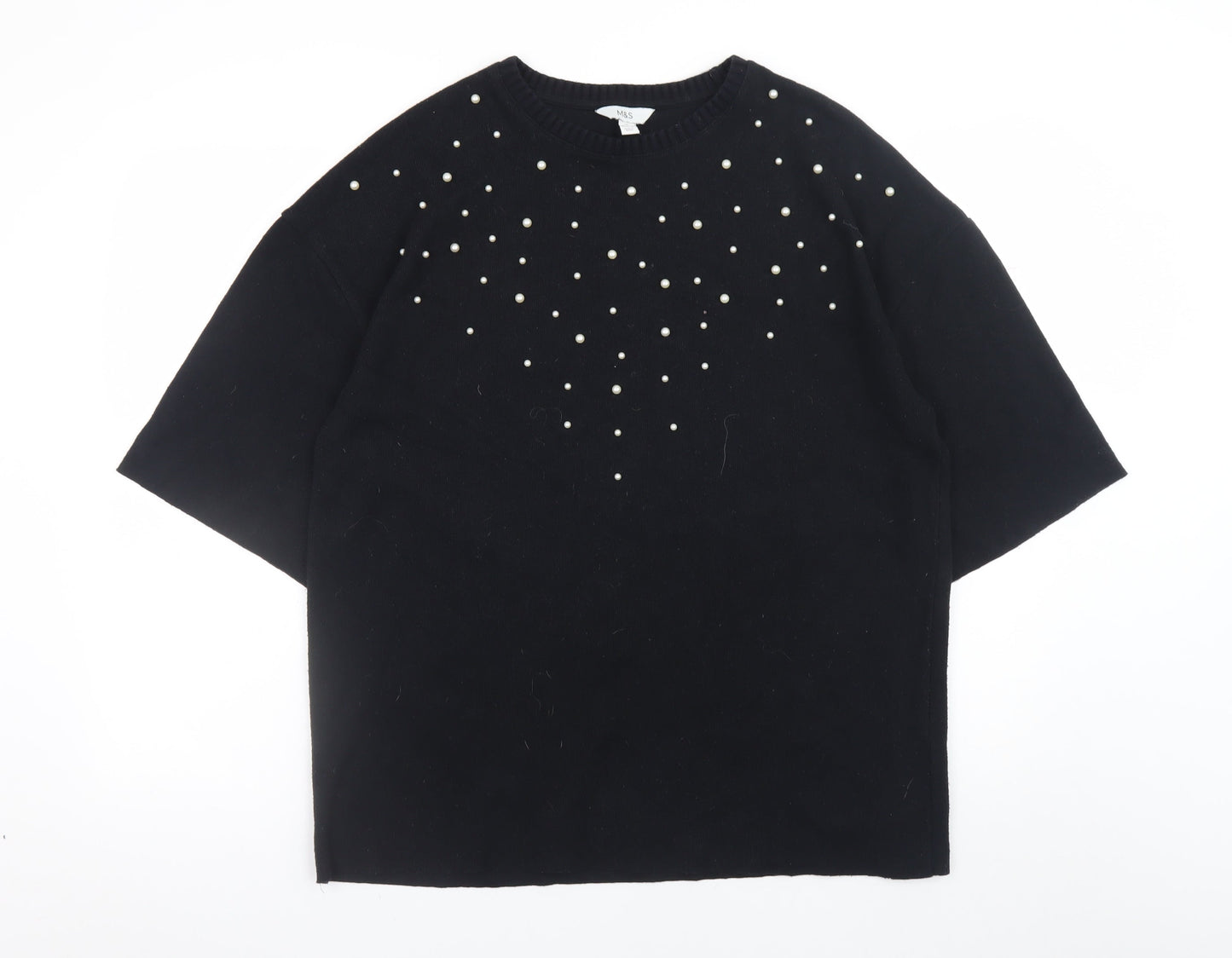 Marks and Spencer Women Black Pearl Beaded Short Sleeve Jumper Size 14