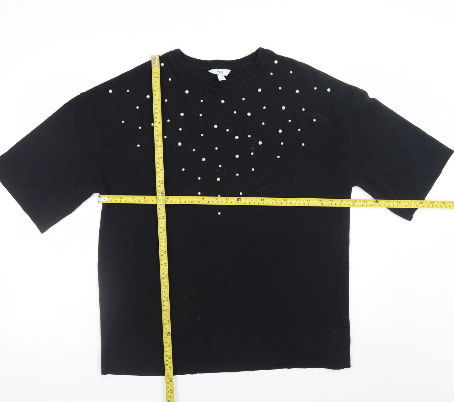 Marks and Spencer Women Black Pearl Beaded Short Sleeve Jumper Size 14