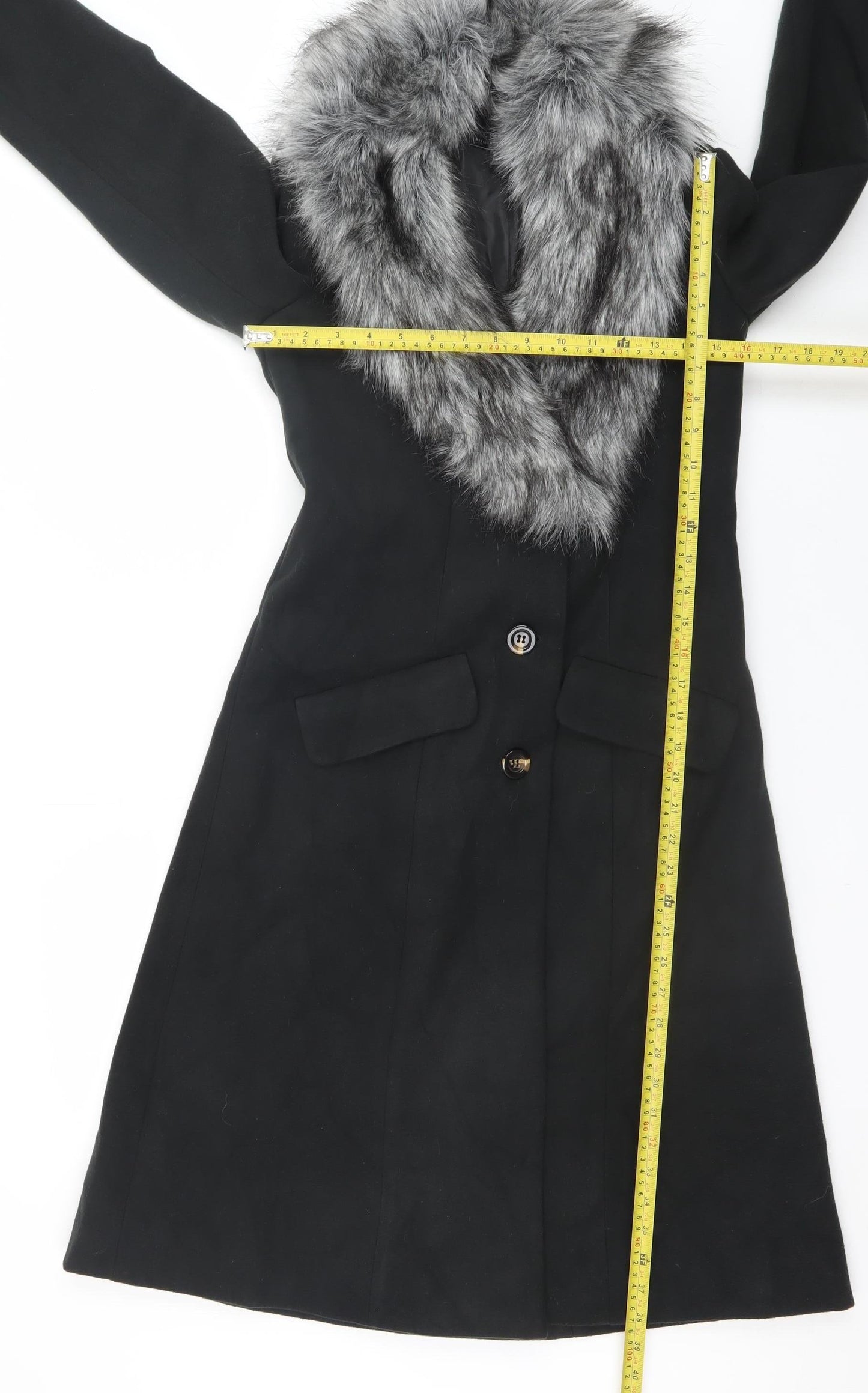 bpc selection Women Black Faux Fur Collar Long Overcoat Size 10