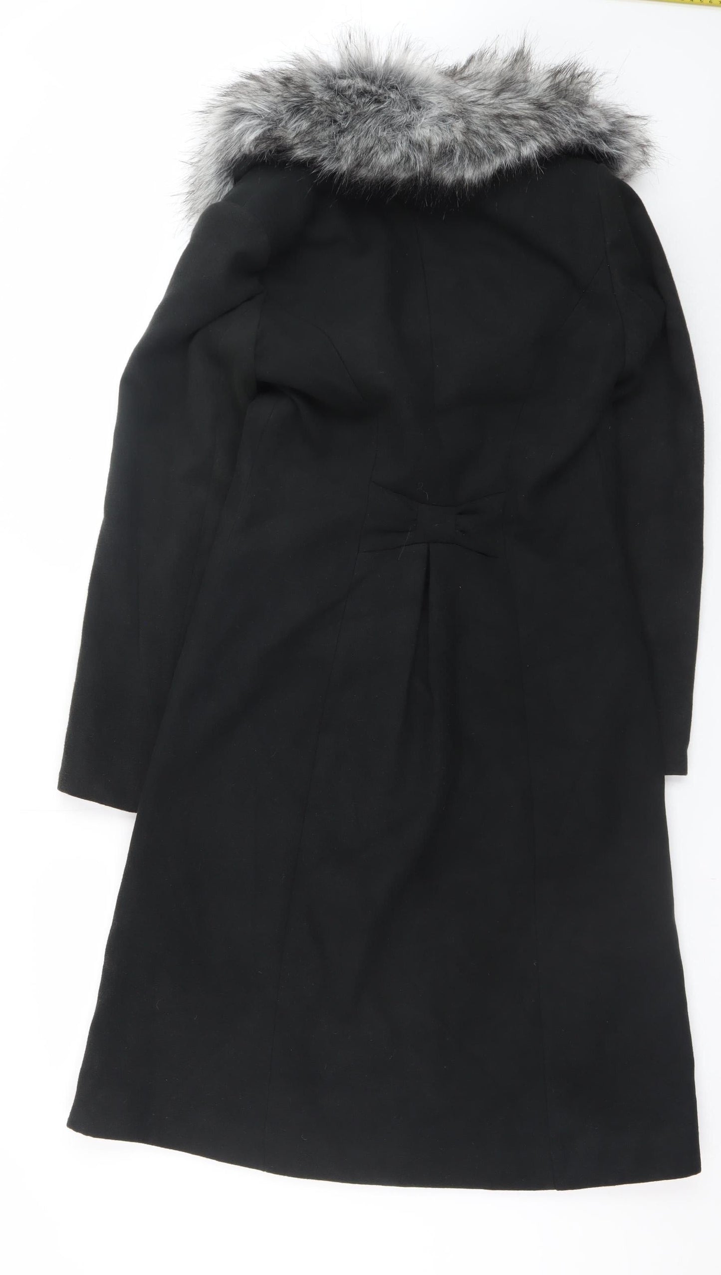 bpc selection Women Black Faux Fur Collar Long Overcoat Size 10