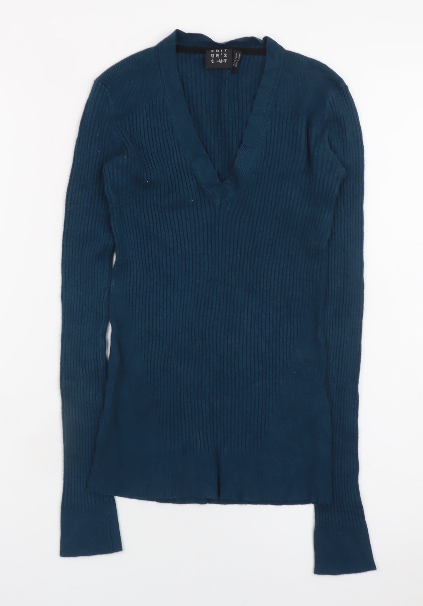 Editor's Cut Women's Blue V-Neck Ribbed Long Sleeve Pullover Jumper Size 6