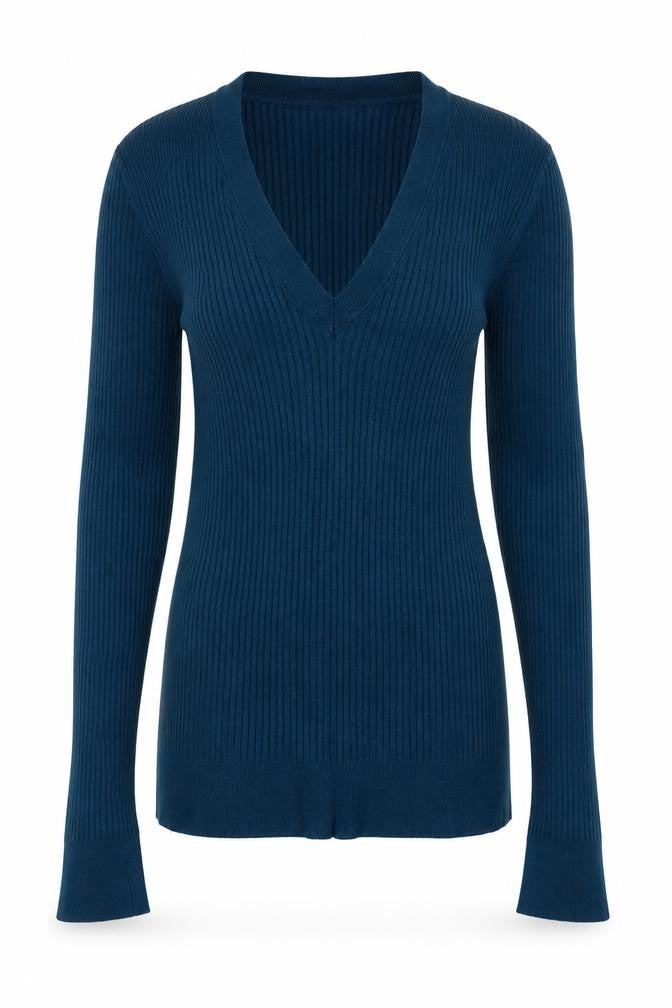 Editor's Cut Women's Blue V-Neck Ribbed Long Sleeve Pullover Jumper Size 6