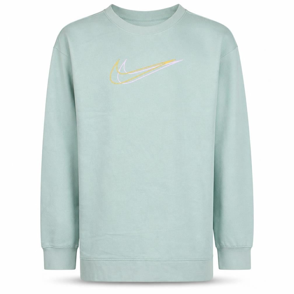 Front view of Nike girls’ green logo sweatshirt, size 146, regular fit crew neck