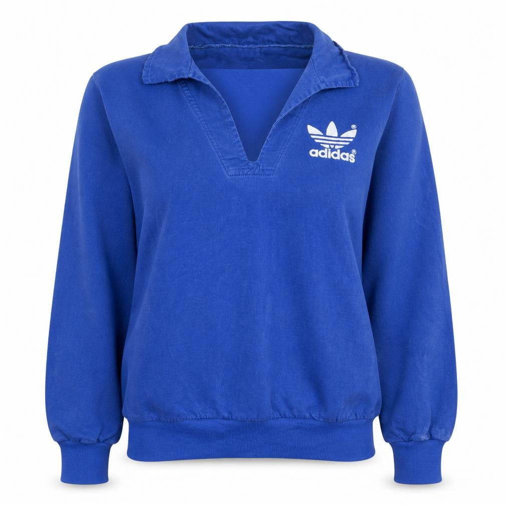 Front view of Adidas women’s blue henley pullover sweatshirt, size UK 14, classic cotton logo