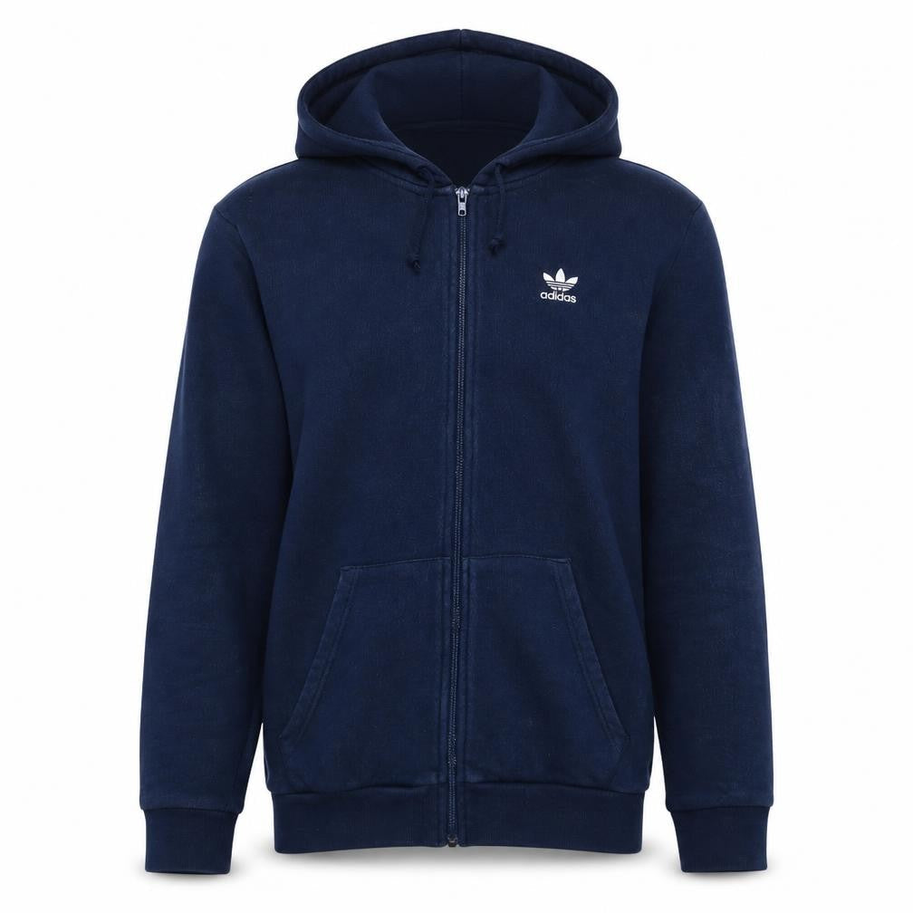 Front view of Adidas Men’s Blue Full Zip Hoodie, size M, Regular Fit Logo Sportswear