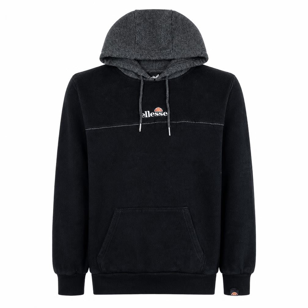 Front view of Ellesse men’s black xs pullover hoodie with logo design
