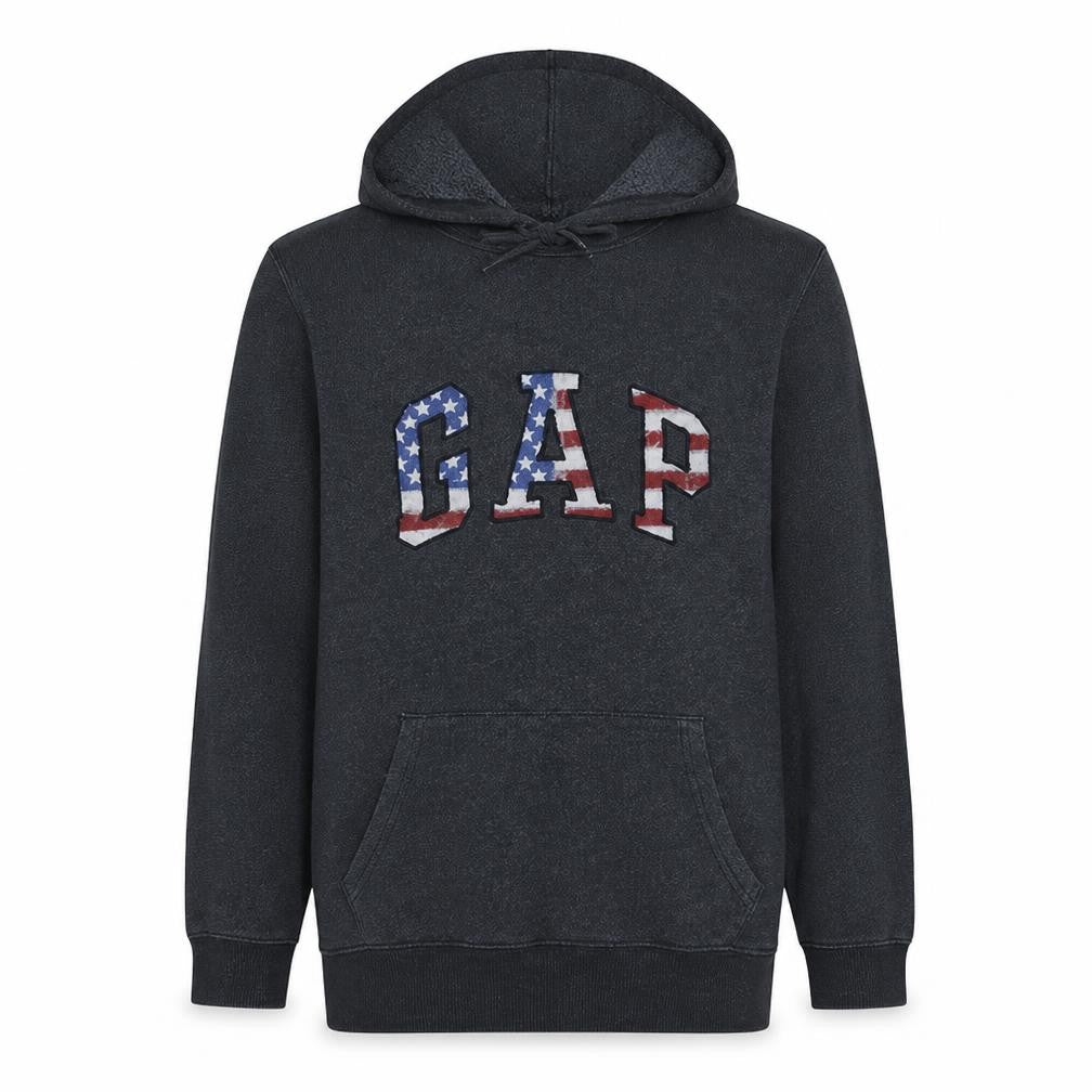 Gap Men's Black Hoodie L Pullover American Flag Logo Cotton Blend
