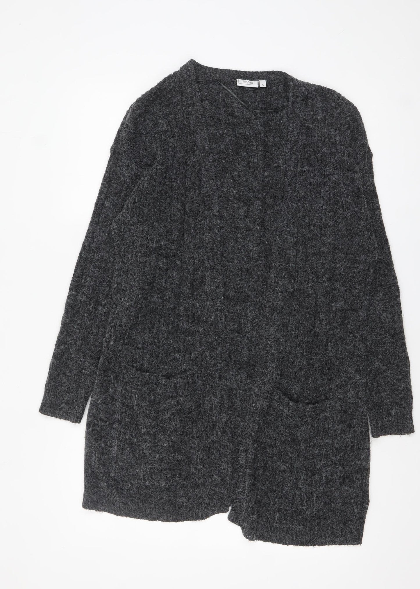 Fransa Women Grey Long Sleeve Open Front Knit Cardigan L