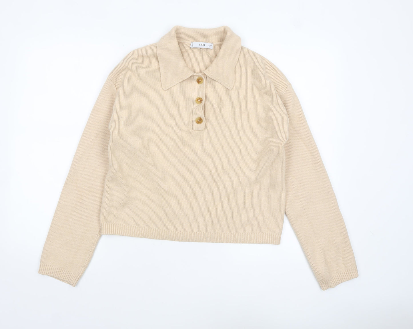MNG Women Beige Collared Henley Knit Jumper Size M