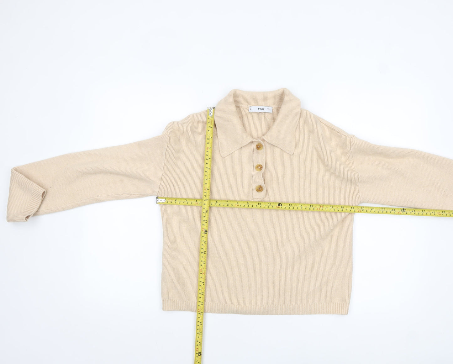 MNG Women Beige Collared Henley Knit Jumper Size M