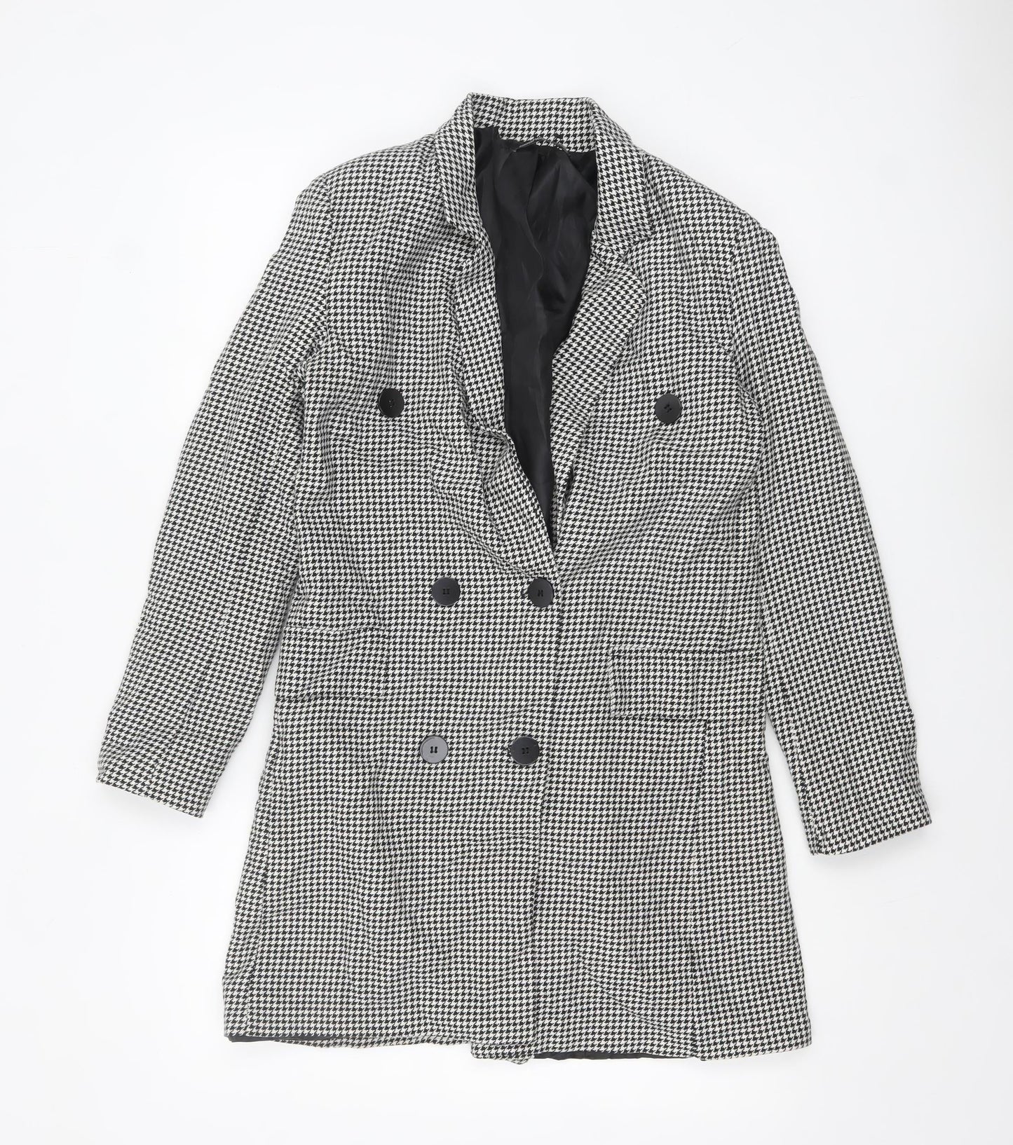 boohoo Women Black Houndstooth Double-Breasted Blazer Size 10