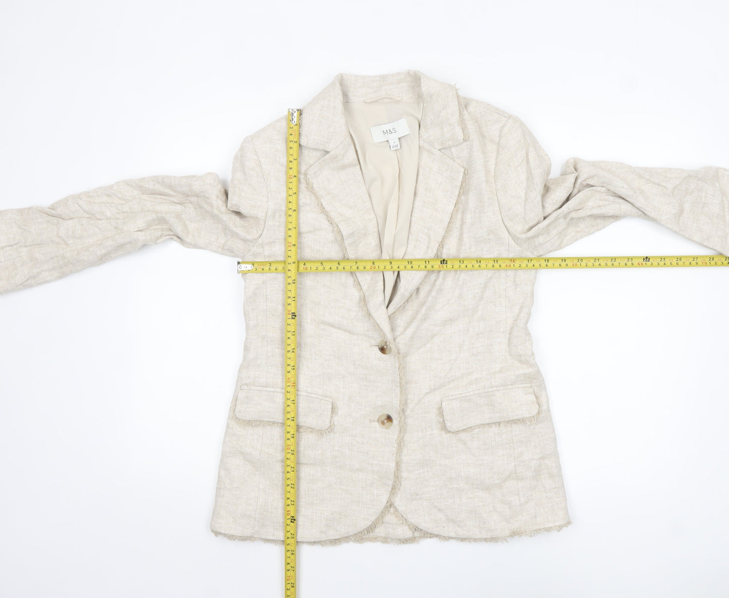 Marks and Spencer Women Beige Linen Blend Single-Breasted Blazer Size 8