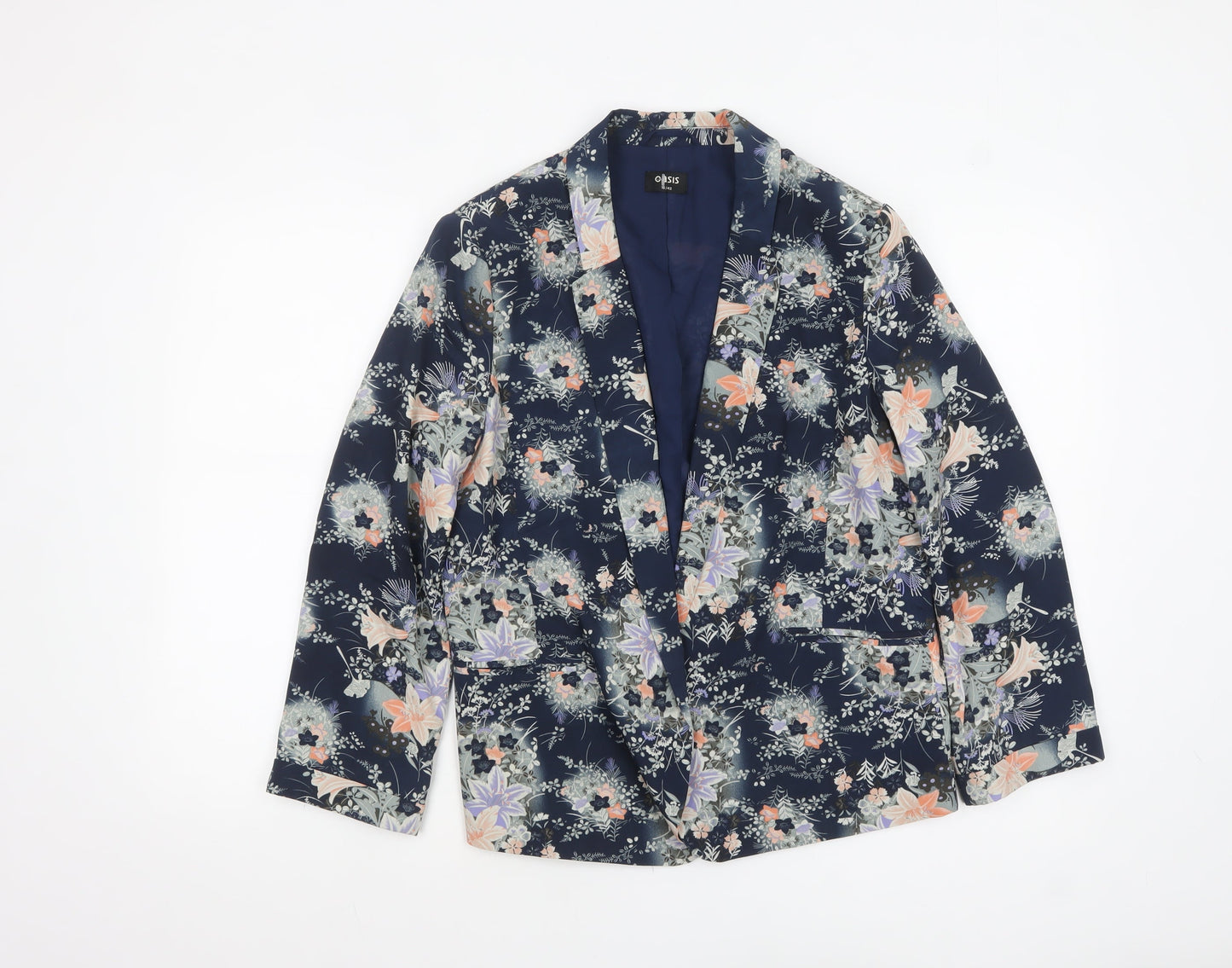 Oasis Women Navy Floral Blazer Jacket Size 16 Regular Polyester