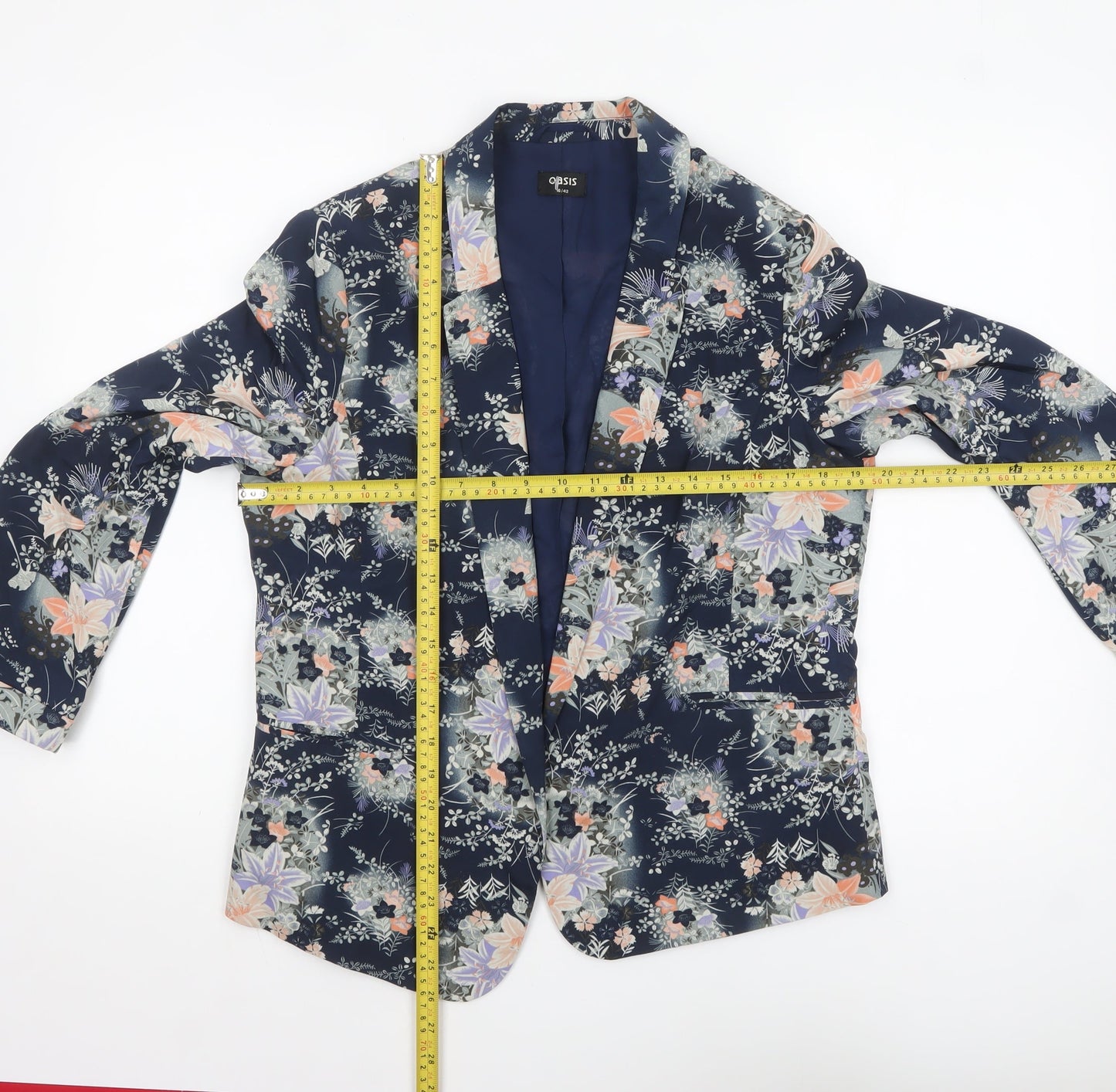 Oasis Women Navy Floral Blazer Jacket Size 16 Regular Polyester