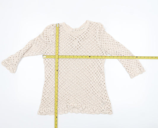 Fat Face Women’s Beige Open-Knit 3/4 Sleeve Cotton Jumper UK 10