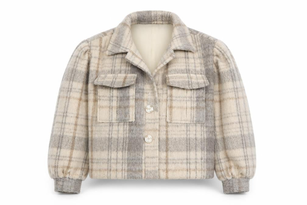 Native Youth Women Beige Checked Wool Cropped Bomber Jacket XS