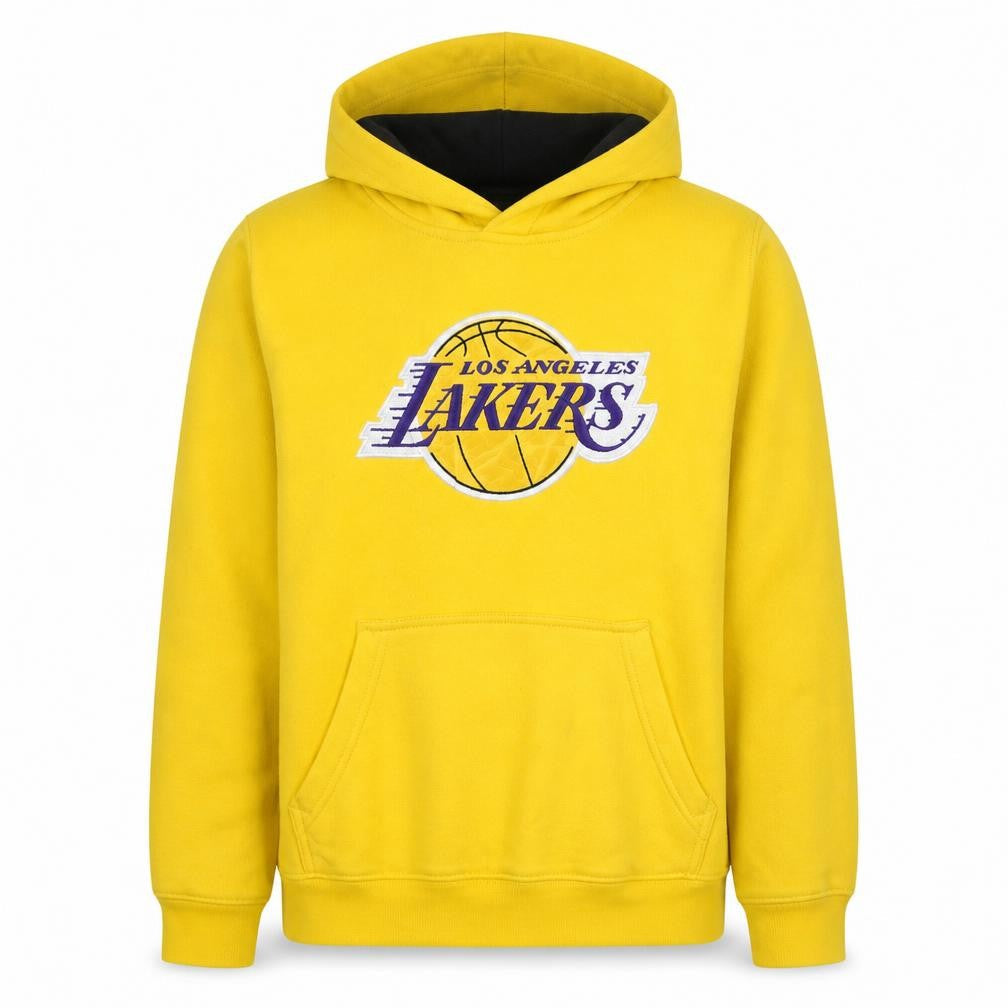 Front view of NBA boys’ yellow los angeles lakers pullover hoodie, size 14-15, years