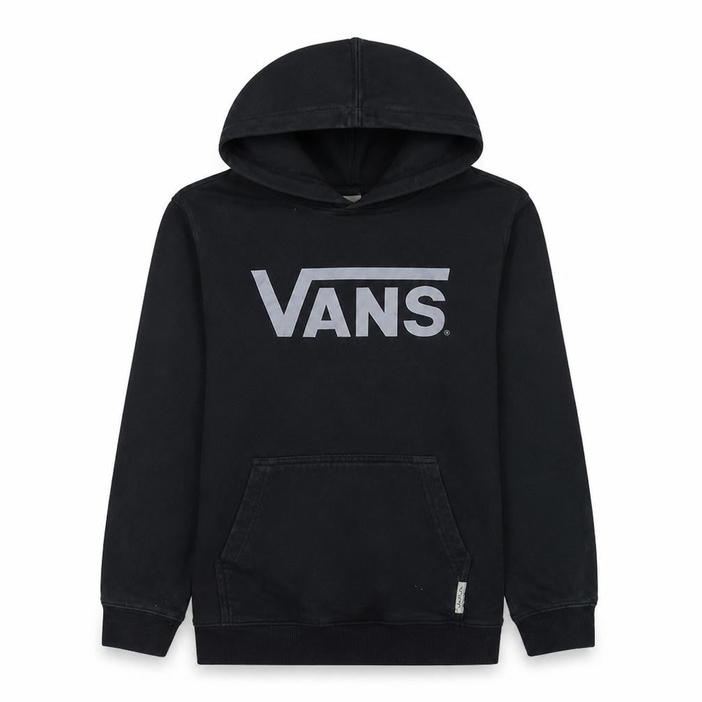 Front view of Vans boys’ black pullover hoodie l fleece logo streetwear skateboarding