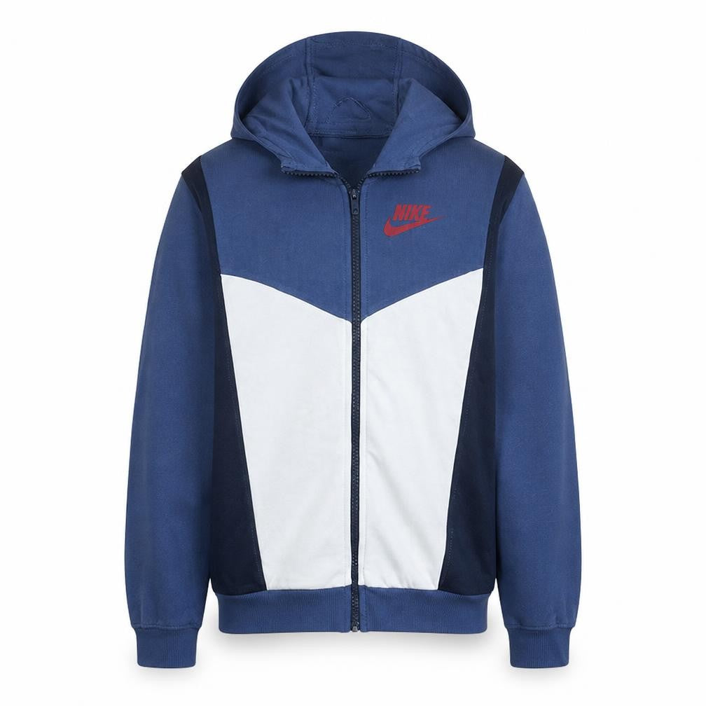 Front view of Nike boys’ blue full zip hoodie xl fleece colourblock sportswear