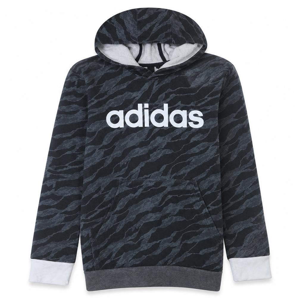 Front view of Adidas boys’ black camouflage pullover hoodie, size L, - cotton blend fleece