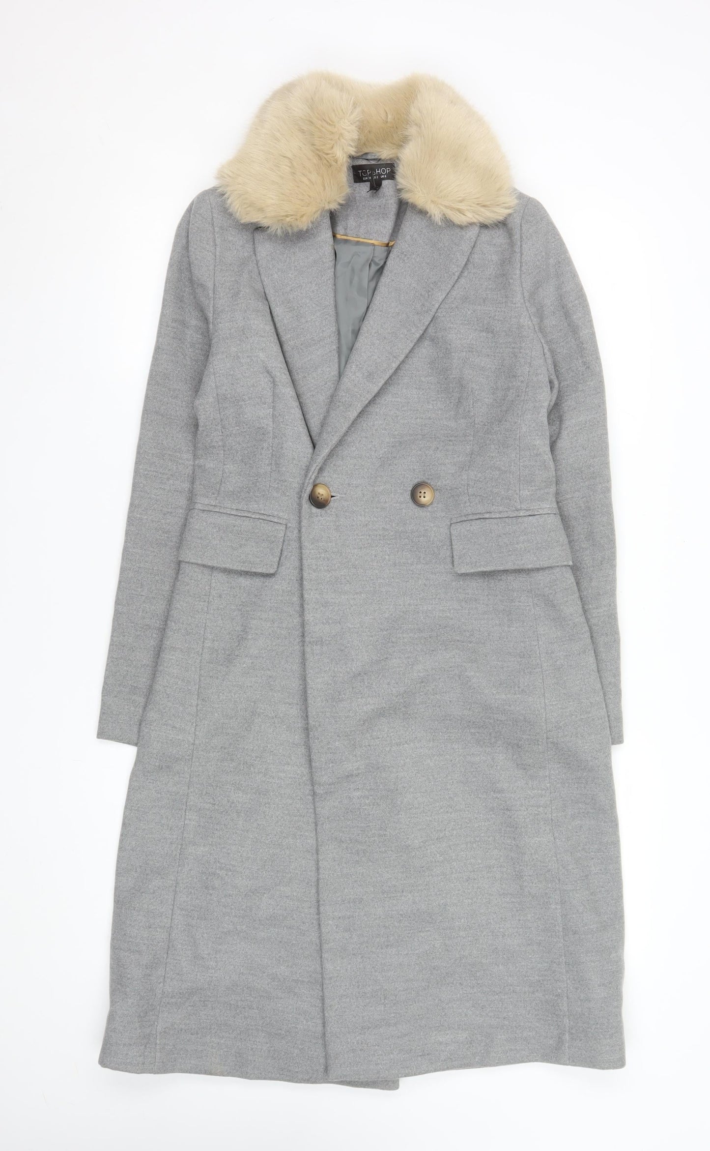 Topshop Womens Grey Faux Fur Collar Long Coat Size 6