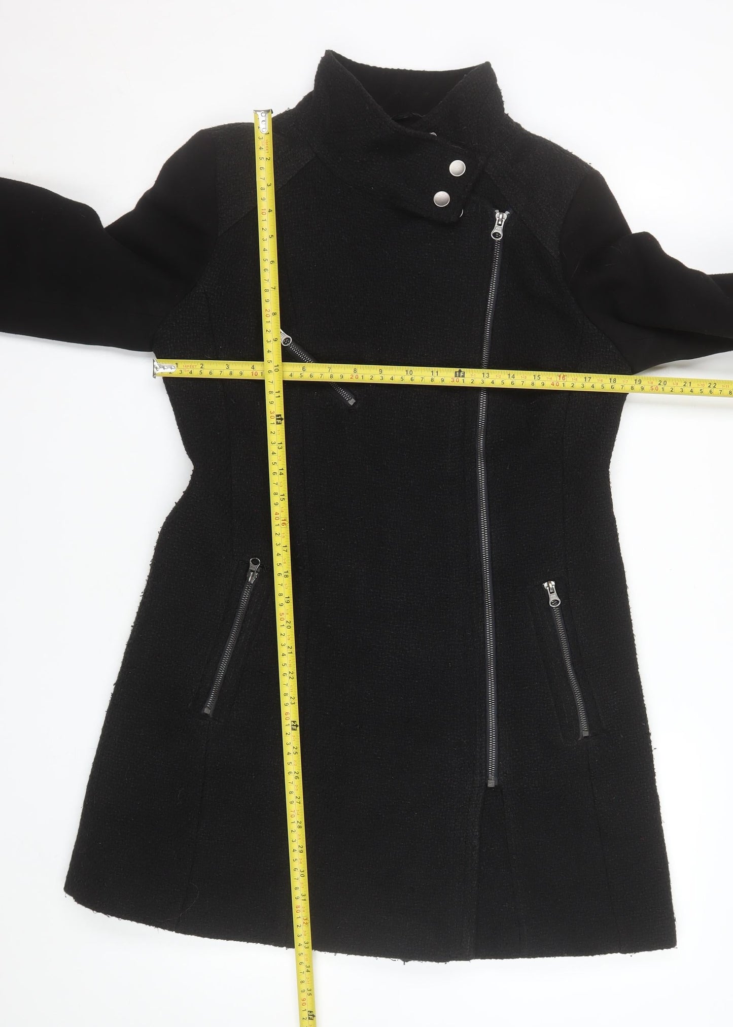 Next Women’s Black Long Biker Coat Size 14 Zip Detail