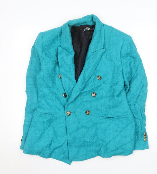 Zara Women Blue Double-Breasted Cotton Blazer Jacket Size L