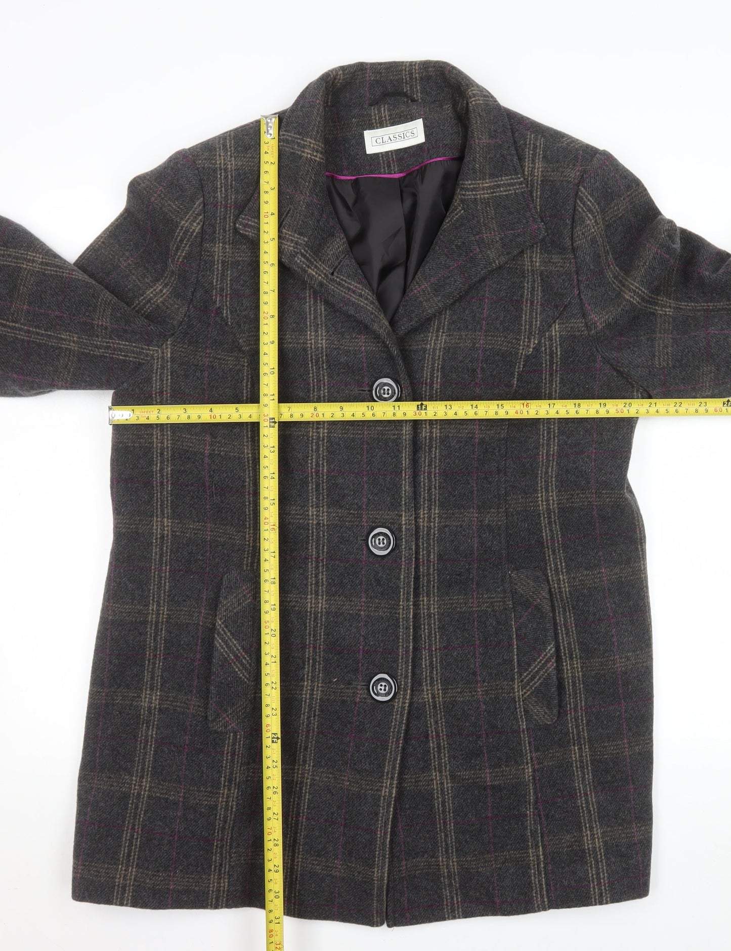BHS Womens Grey Check Wool Blend Mid-Length Coat Size 16