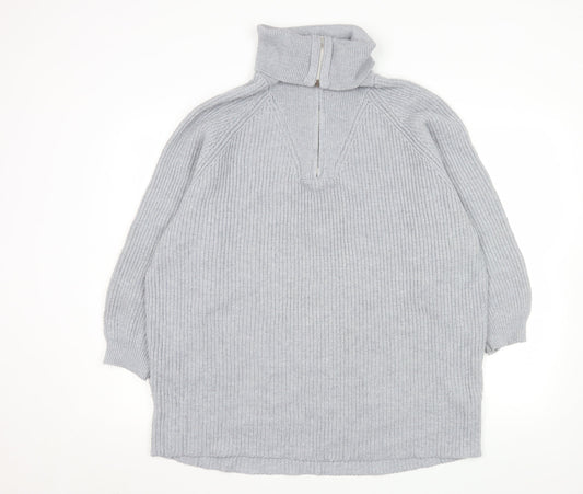 Pull & Bear Men Grey L 1/2 Zip Chunky Knit High Neck Jumper