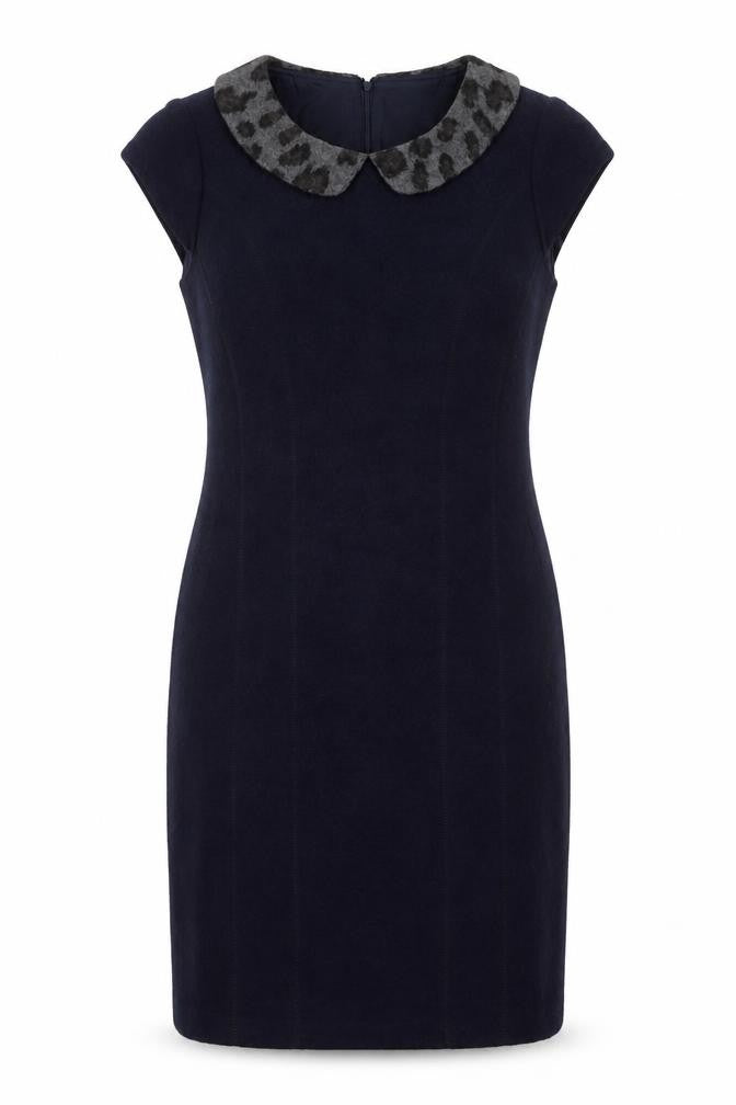 Clements Ribeiro Women’s Navy Wool Sheath Dress Size 14 Lined Collared