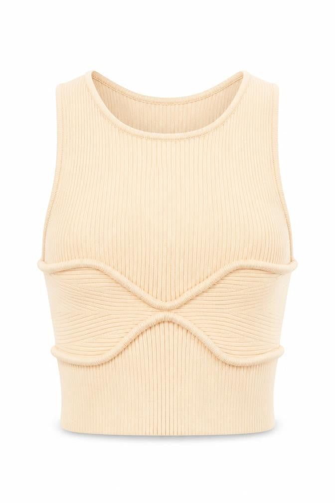 Bershka Women’s Beige Ribbed Halter Cropped Tank Top XS