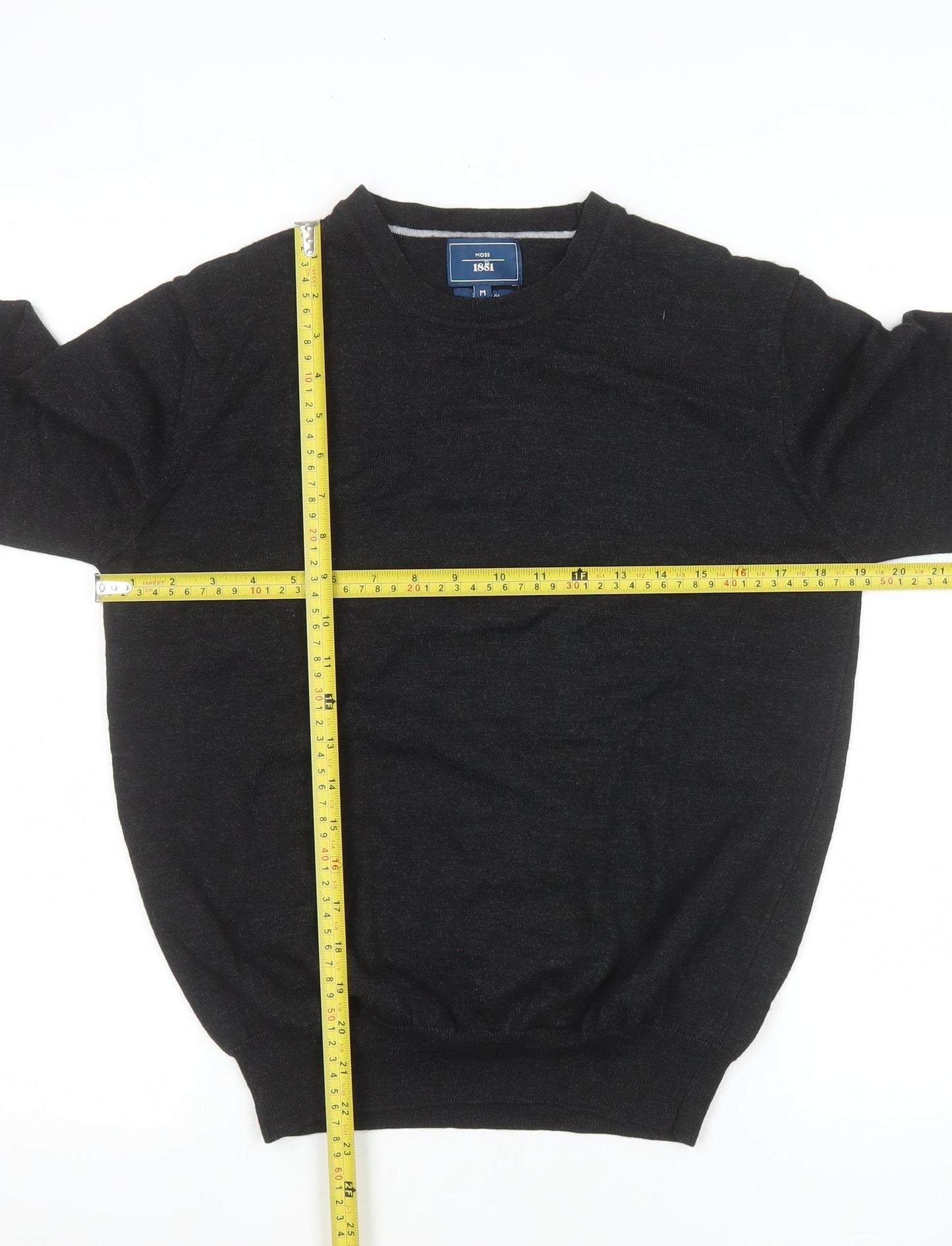 Moss 1851 Men's Black Merino Wool Blend Crew Neck Jumper M