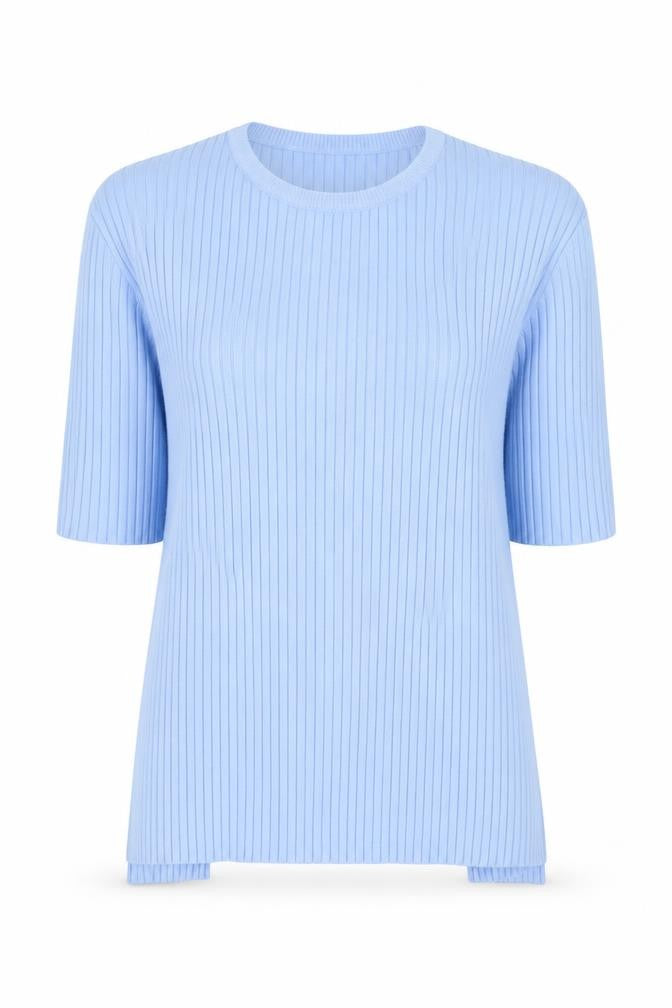 Zara Women Blue Ribbed Knit Short Sleeve Slim Fit T-Shirt Size S