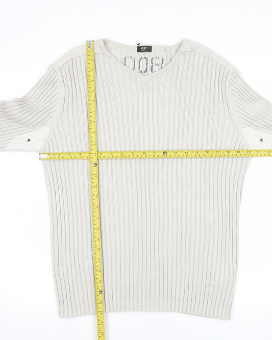 Next Men's Beige Cotton Ribbed V-Neck Jumper Size M