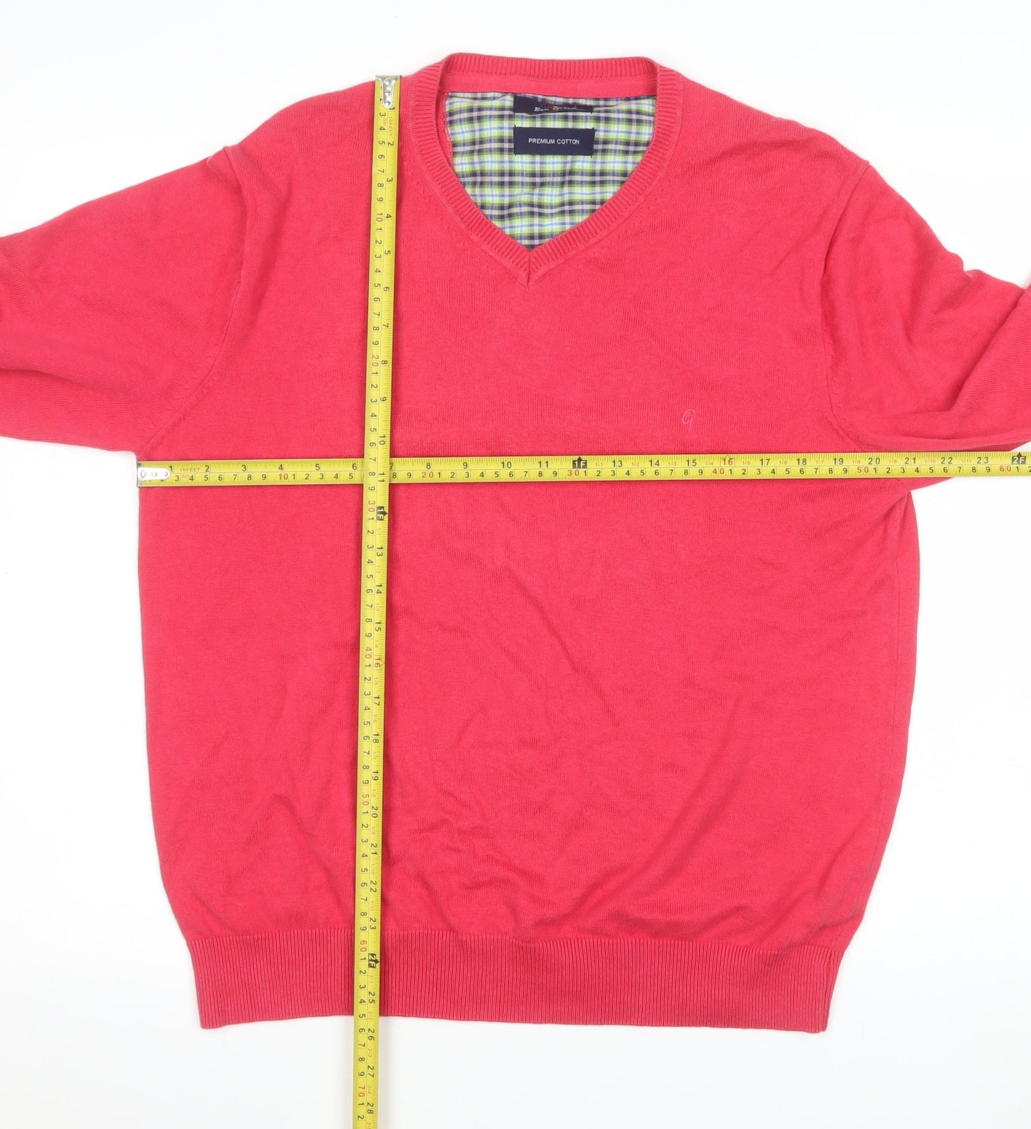 Ben Green Men's Red Cotton V-Neck Jumper Size M