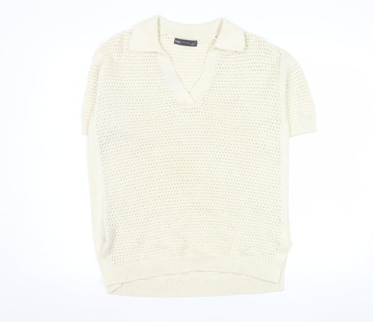 Marks and Spencer Men's Ivory Cotton V-Neck Short Sleeve Knit Jumper M