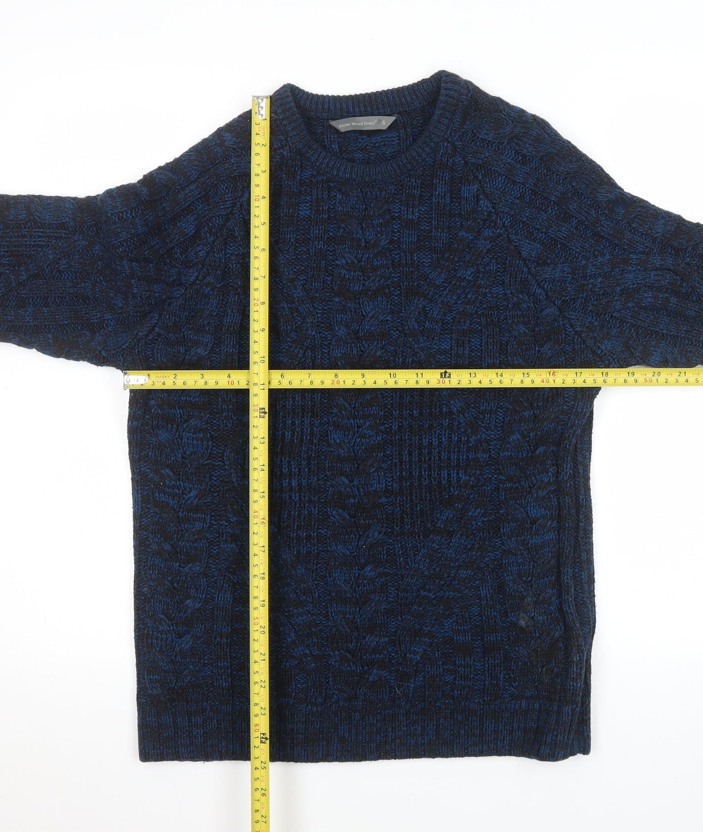 Cedar Wood State Men's Blue Cable Knit Crew Neck Jumper Size S