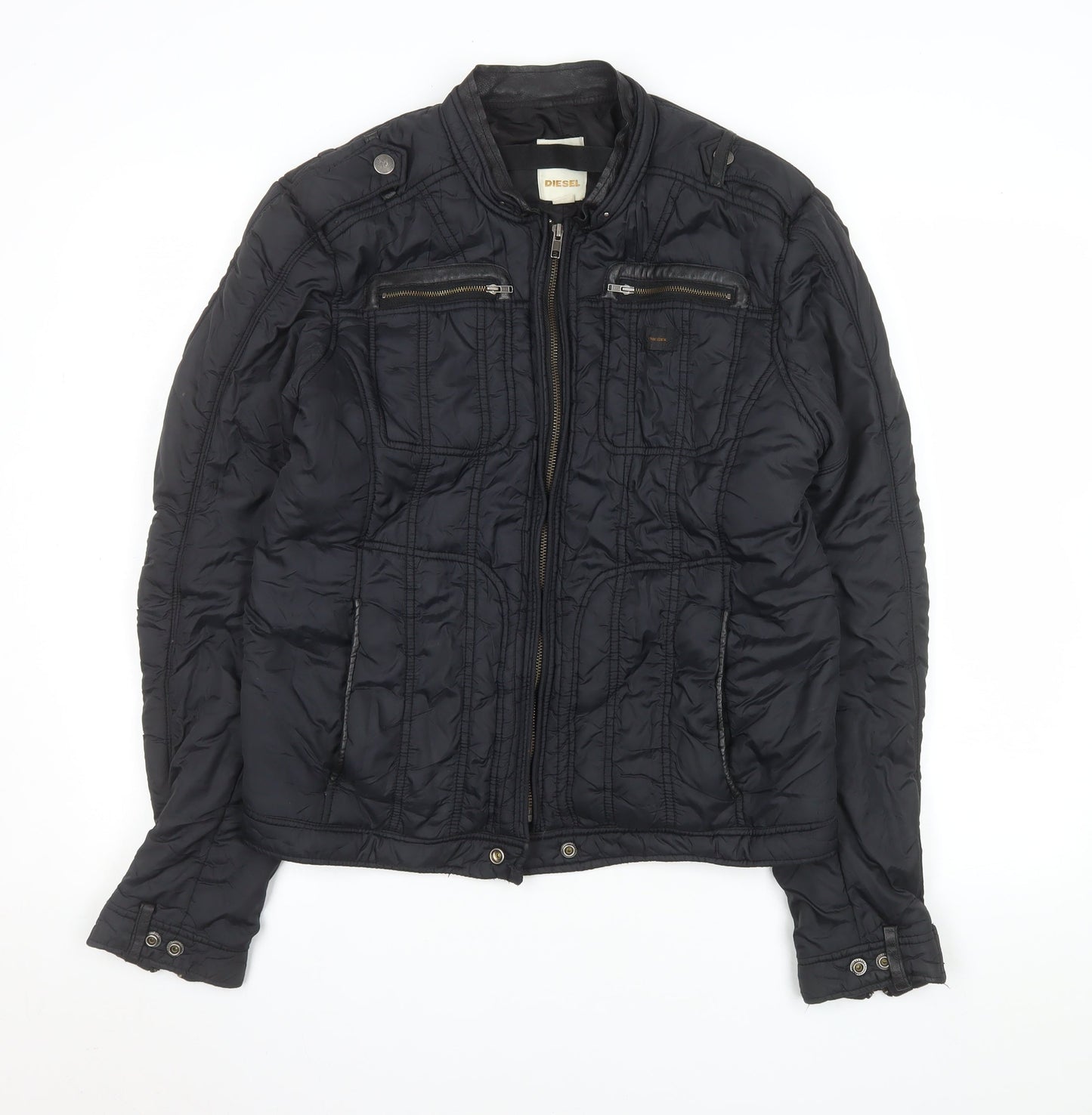 Diesel Womens Black Biker Jacket L Nylon Full Zip Casual Style