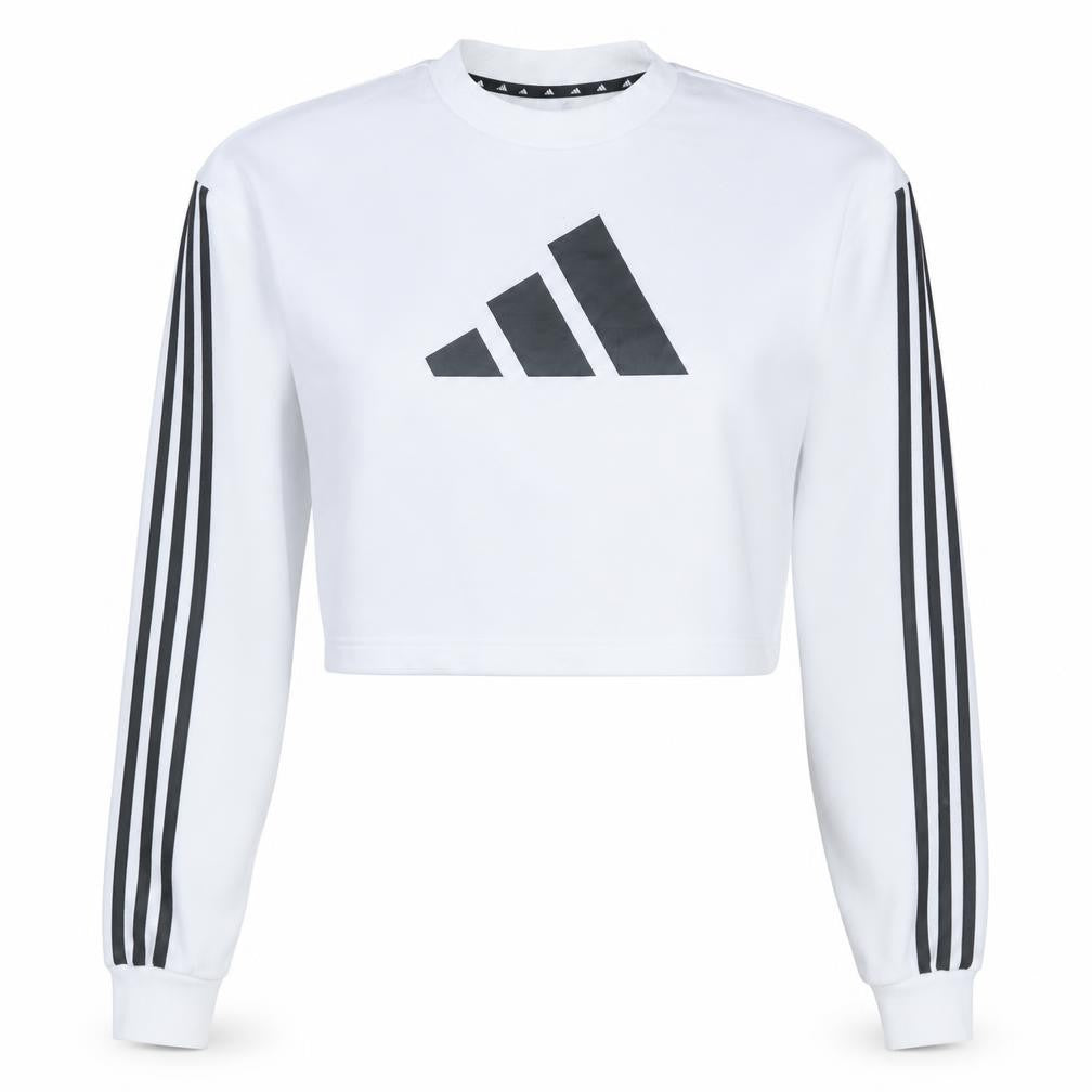 Front view of Adidas Women's White Crop Sweatshirt Small Crew Neck Long Sleeve Pullover