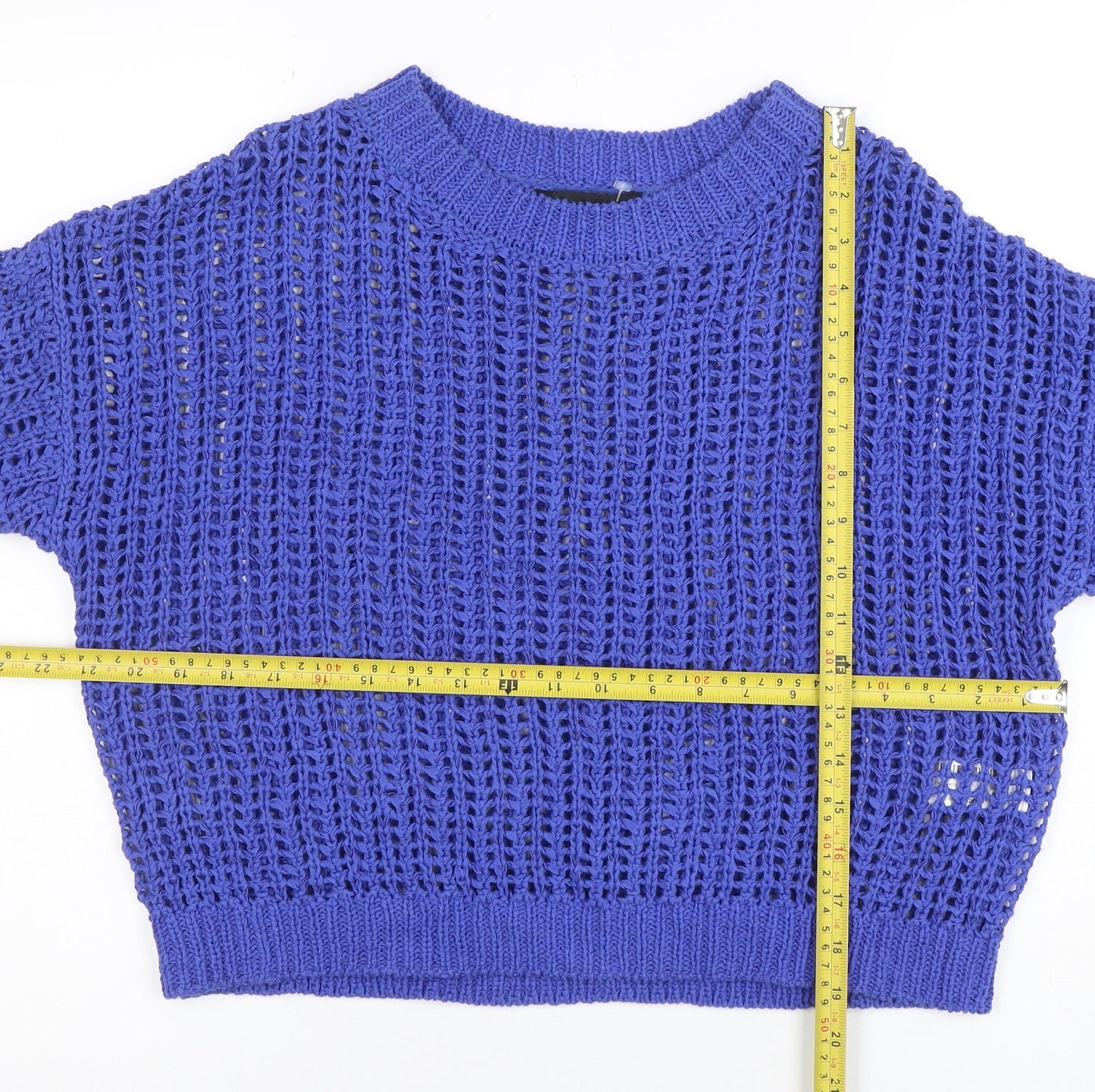 Zara Women's Blue Open Knit Cotton Jumper Size S Short Sleeve